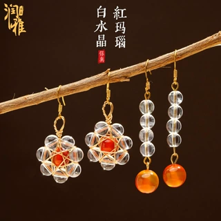润雅水晶 天然水晶白水晶红玛瑙 圆珠耳坠众轻奢耳环水晶耳饰批发