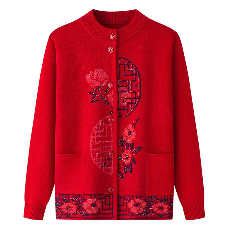 Весенняя одежда для пожилых людей Пальто для мамы Свитер для бабушки Женский вязаный кардиган на флисовой подкладке для пожилых женщин Осенне-зимняя одежда для пожилых людей