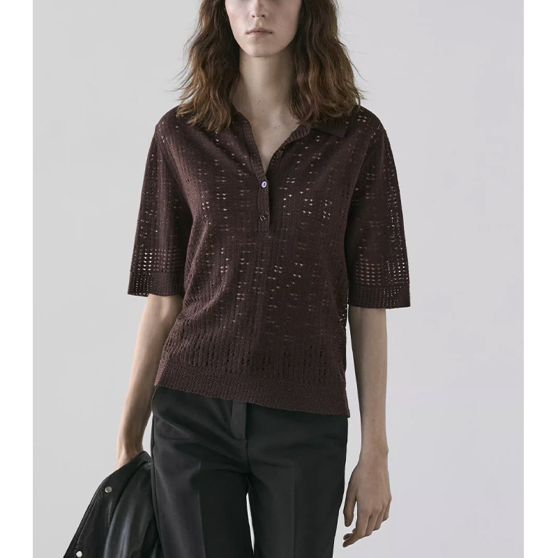 [Md Order] Spring 2026 New Women's Clothing in Old Money Style, Commuter Style, Hollow-Out Wool Short-Sleeve Knit Polo Shirt