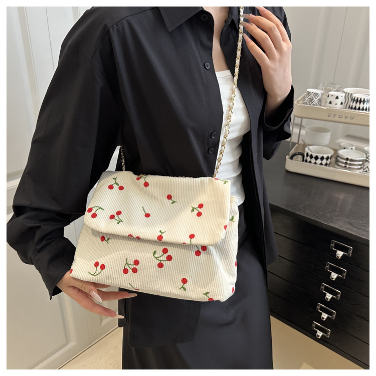 270g Weight Sewing Thread Fashion Element Magnetic Buckle Closure Type Single Shoulder Strap Strap Type Canvas Bag Bags Type Daily Occasion Canvas Material Cherry Pattern All Seasons Season Women's Gender Cute Style Square Shape Women's Canvas Cherry Cute Sewing Thread Square Magnetic Buckle Canvas Bag 4