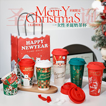一次性塑料杯90口圣诞节膜内贴注塑杯网红高颜值带盖500ml奶茶杯