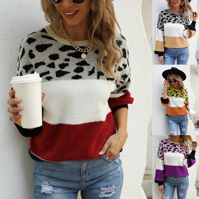 2026 Spring New Fashion European and American Foreign Trade Cross-Border Platform Patchwork Leopard Print Large Size Round Neck Pullover Sweater Knitwear for Women