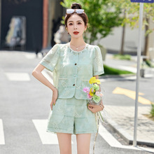 2025年夏季新中式短裤套装小个子韩系小香风减龄短袖一整套穿搭潮