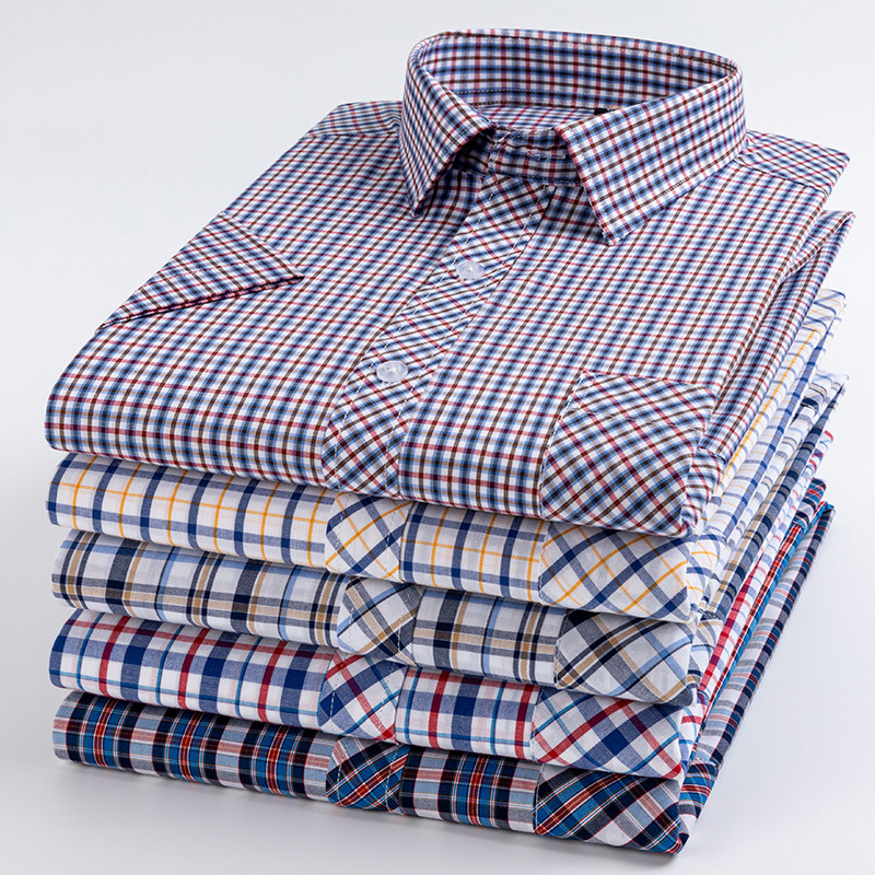 Summer Middle-aged and Elderly Short-sleeved Shirt Cotton Casual Plaid Top Cotton Fit Cardigan Top Men's Thin Shirt