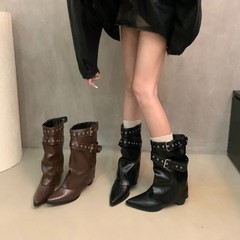 辣妹款~尖头复古皮带扣裤管靴粗跟气质短靴女显瘦中筒西部牛仔靴