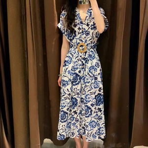 外贸女装2024夏季 度假风青印花配腰带衬衫式短袖连衣裙2901722