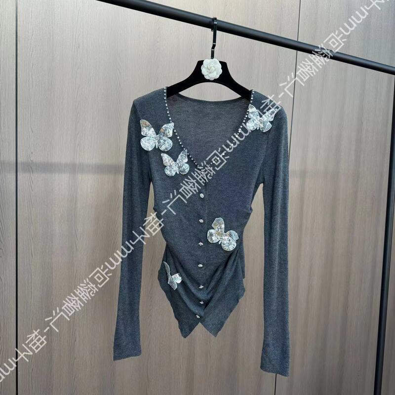 Grapefruit mm New Deep V-neck Long Sleeve Sequin Stereo Butterfly Decorative Single Row Diamond Buckle Pleated Waisted Cardigan Grapefruit mm New Deep V-neck Long Sleeve Sequin Stereo Butterfly Decorative Single Row Diamond Buckle Pleated Waisted Cardigan