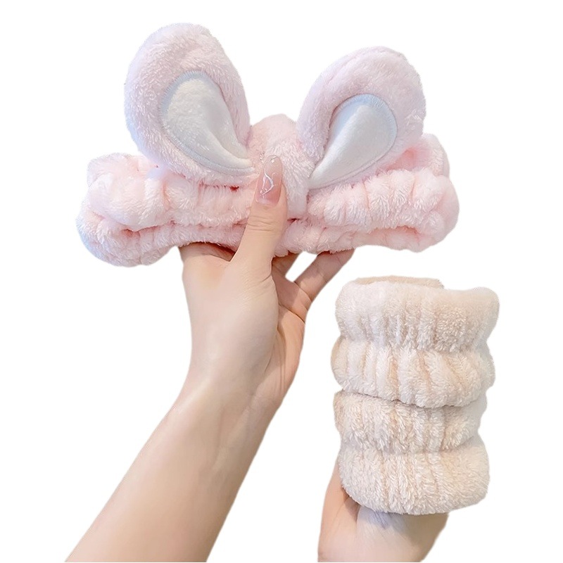 Lindo lavado de cara azul banda de pelo de las mujeres a prueba de humedad banda de muñeca banda de pelo absorbente conjunto de tres piezas máscara facial diadema especial