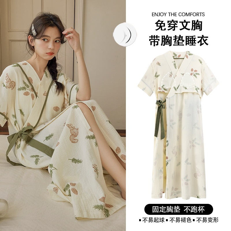 Short Sleeve Nightgown with Chest Pad Summer Nightgown Hotel Women's Summer Adult Cotton Bathrobe Kimono Pajamas Home Clothes Short Sleeve Nightgown with Chest Pad Summer Nightgown Hotel Women's Summer Adult Cotton Bathrobe Kimono Pajamas Home Clothes