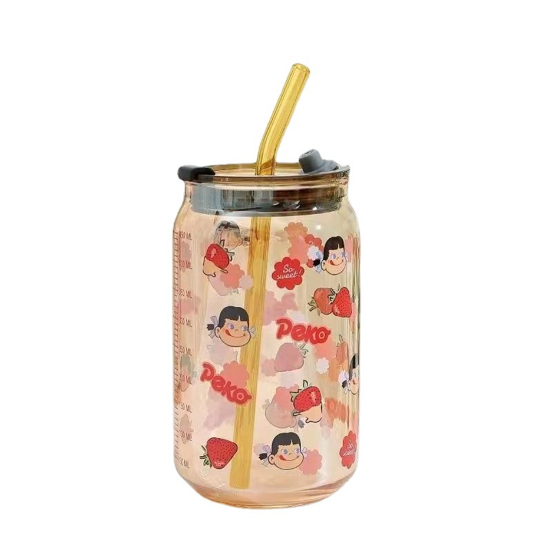 Taza de pajita de cola de viento ins personalizada Taza de vidrio transparente creativa Taza de vidrio de jugo de té con leche de café