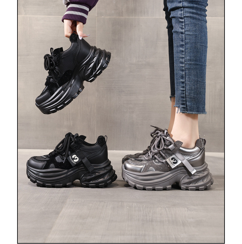 Giày sneaker nữ đế dày tăng chiều cao đính đá pha lê phong cách thể thao — màu đen chi tiết 17