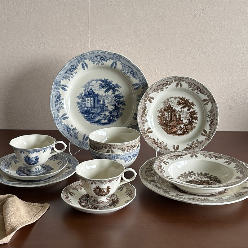 美式釉下彩牛排盘餐盘意面盘下午茶咖啡杯碟复古餐具盘碗中古盘子