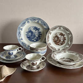 美式釉下彩牛排盘餐盘意面盘下午茶咖啡杯碟复古餐具盘碗中古盘子