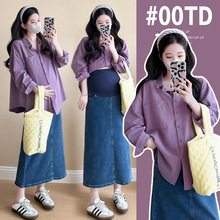 实拍现货 孕妈妈新款加厚磨毛衬衫+牛仔半身裙套装秋冬新款