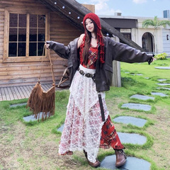 旅游度假风套装女夏季2025新款复古格子连衣裙不规则蕾丝半身长裙
