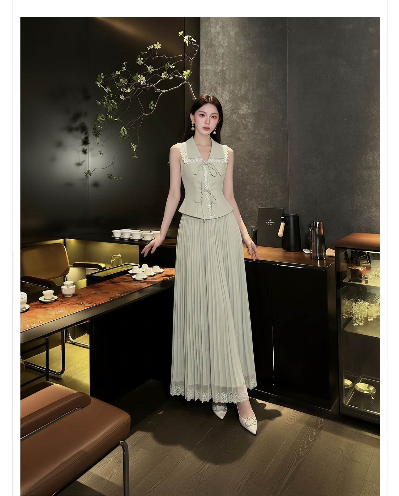Set áo vest gile và chân váy ren phối ren thêu hoa, eo thon — bộ đồ, nửa váy, Trang chủ chi tiết 13