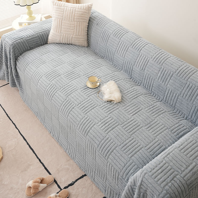 色竖格沙发巾四季通用款毛绒客厅沙发套罩盖布可代发独立站亚马逊