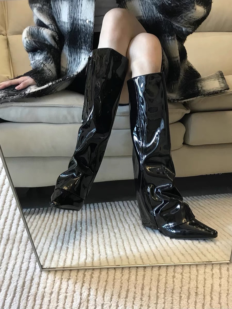 Boots Women's knee-high skinny black patent leather pointed wedge pants boots_voghion.com