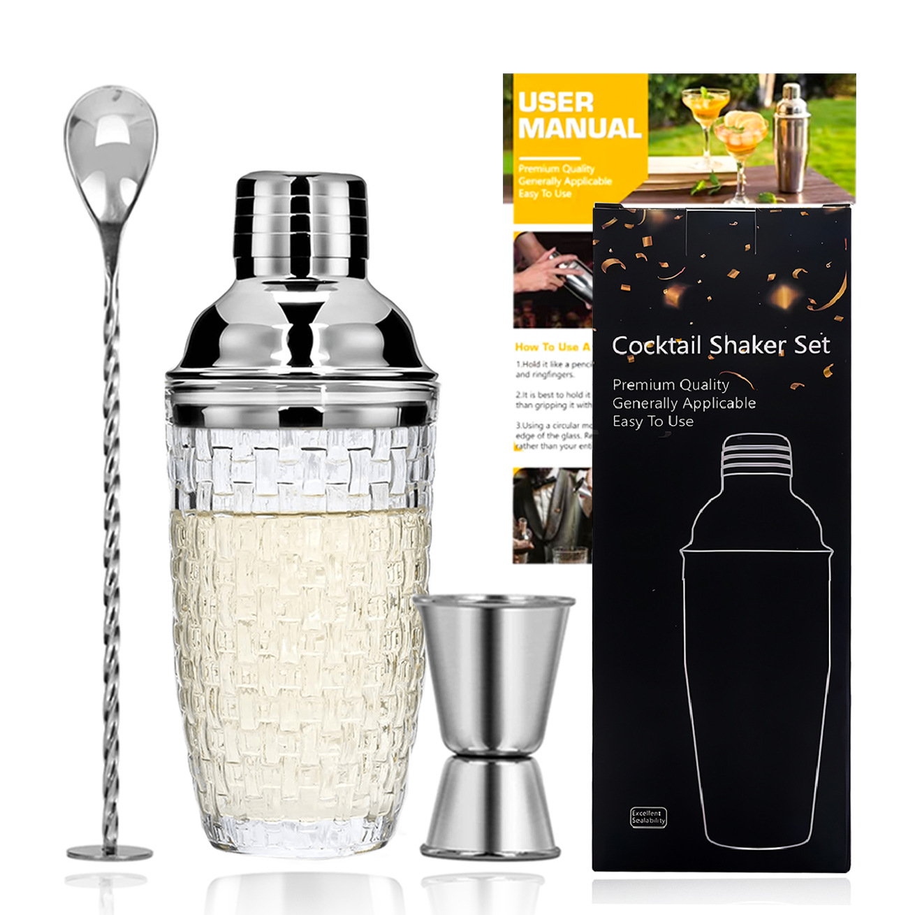 201 내추럴 우븐 패턴 유리 3종 세트(컬링 무테 계량컵+바 스푼)