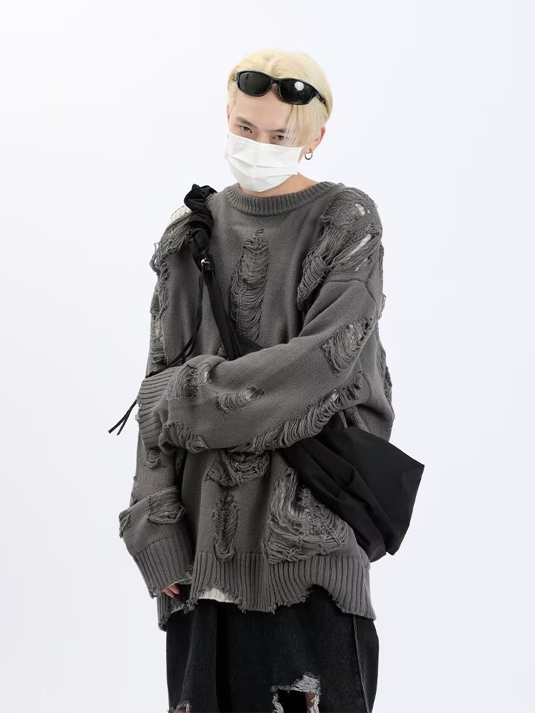 Cuello redondo perezoso alto calle suéter de los hombres de otoño e invierno marca de moda suelta hip hop rasgado diseño de dos lados sentido nicho suéter