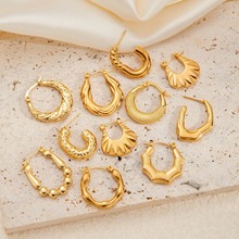 包邮气质镀金纹理钛钢耳环女不规则轻奢贵气耳饰欧美流行耳坠批发