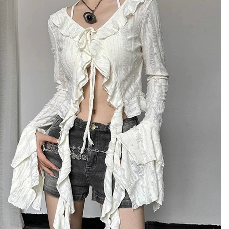 Ruffled Design V-Neck Spring and Summer Irregular Blouse with Bell Sleeves, Sweet Versatile Slim Crop Top Trendy