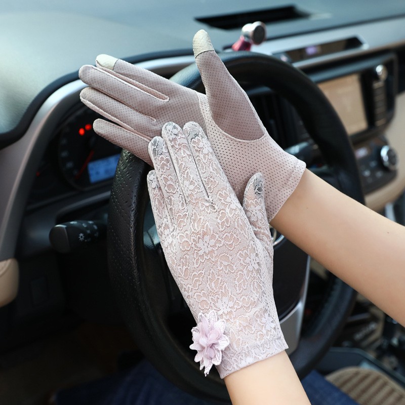 Guantes de protección solar para mujer delgados antideslizantes transpirables primavera y verano elegantes guantes de pantalla táctil a prueba de UV de encaje