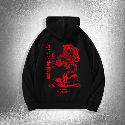 Dragon Print, Men's Casual Hoodie, Drawstring Pocket Hoodie