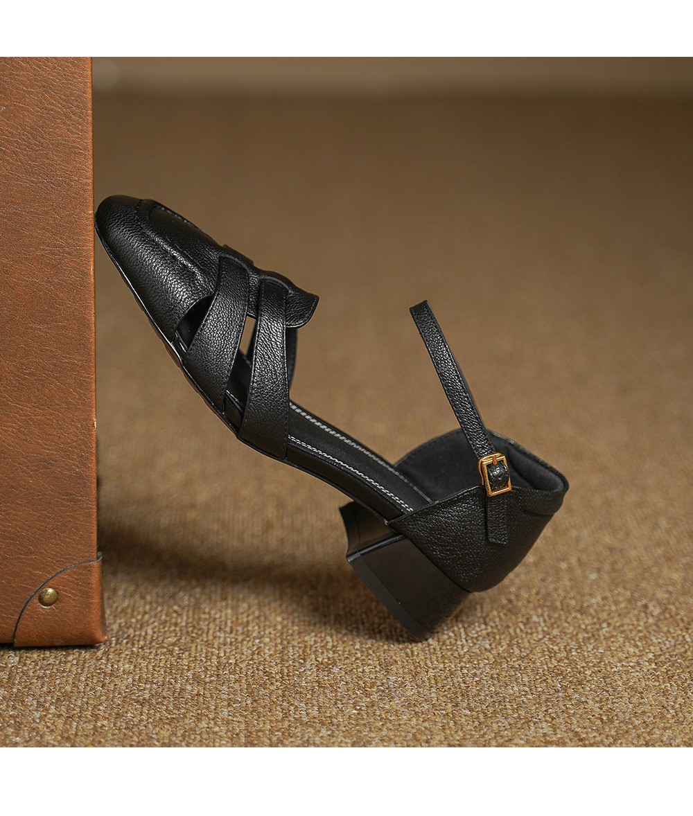 Sandal nữ da cừu mũi nhọn quai khóa gót thô 9 cm — đen chi tiết 15