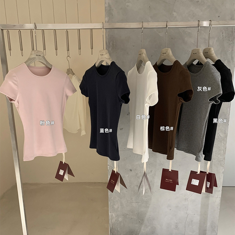 Wgwe8610 Women's Short-Sleeved T-Shirt with Round Neck, Slim Fit, Basic Style, Multi-Color Sweet and Spicy Top