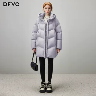 dfvc时尚中长版连帽泡芙羽绒服女2025冬季新款加厚保暖白鸭绒外套