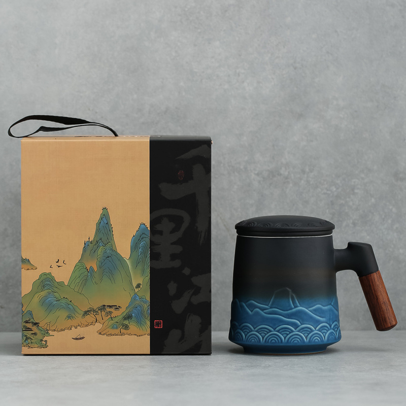 Taza de negocios de 1000 millas de montañas y mares, taza de marca, regalo de mano, taza de cerámica, logotipo tallado de tres piezas