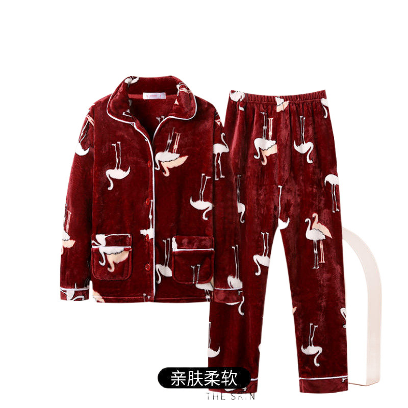 가을과 겨울 산호 양털 잠옷 여성 새로운 두꺼운 벨벳 따뜻한 긴팔 플란넬 홈 의류 정장 겨울