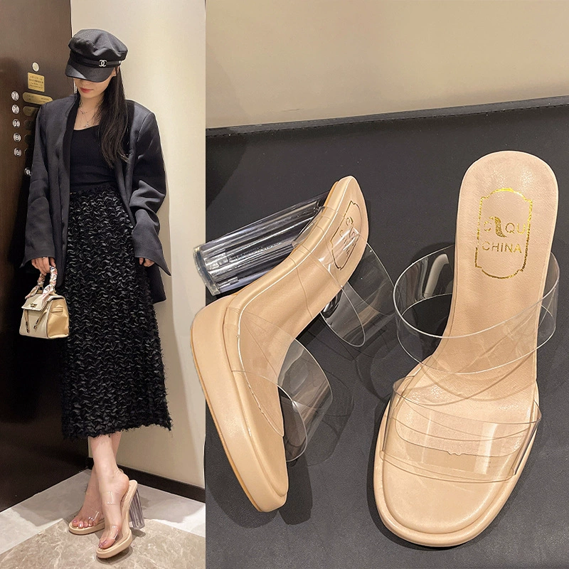 Сандалии интернет-знаменитостей для женщин, летняя обувь 2025, новая мода, толстый каблук, кристаллы, высокий каблук, прозрачные сандалии