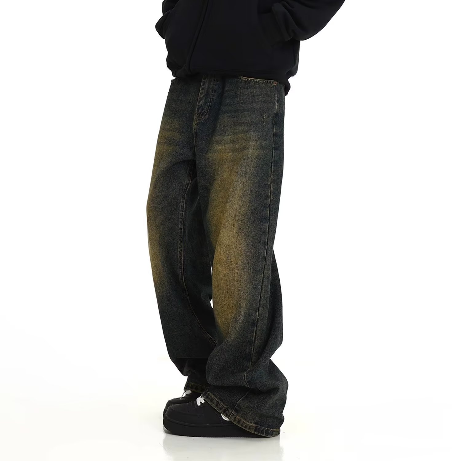 Vintage Washed Denim Jeans For Men - Classic Straight Leg Relaxed Fit Dad Jeans With Distressed Details, Comfortable Cotton Casual Pants Streetwear_mkmklike.com