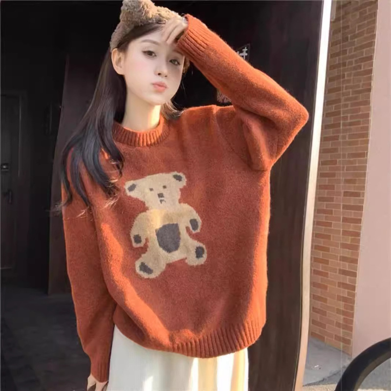 Age-Reducing Bear Sweater for Women, Autumn and Winter Style, Plus Size for Chubby Women, Slimming, Soft and Cozy, Mid-Length Knitwear, 2025 New Model