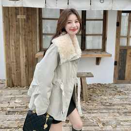 巨好看韩系羊羔毛翻领派克羽绒服女2025冬季腰带收腰显瘦羽绒外套