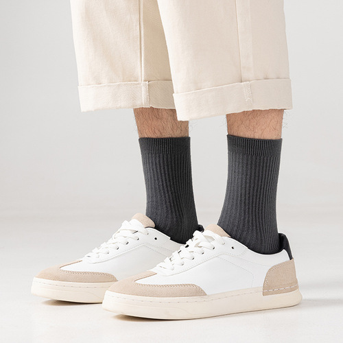 Double-needle pure cotton mid-calf socks, men's spring and autumn new solid color casual cotton socks, breathable Zhuji manufacturer wholesale