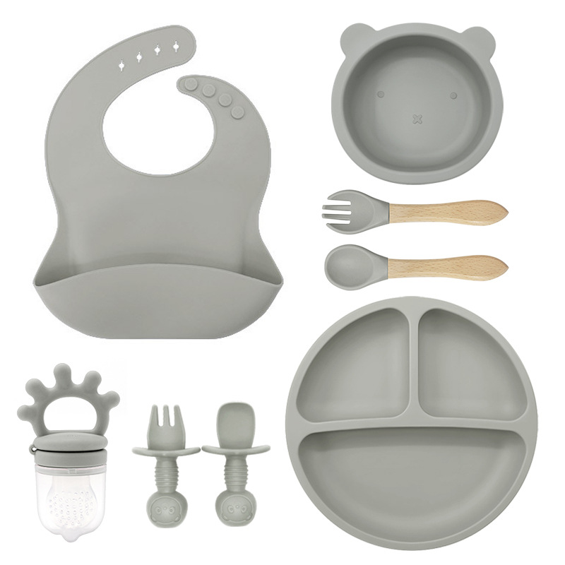 Set de ocho piezas (baudón + ventosa pequeña + cuenco de oso pequeño + crown bite + cuchara de tenedor de madera + cuchara de tenedor de oso pequeño) hollín