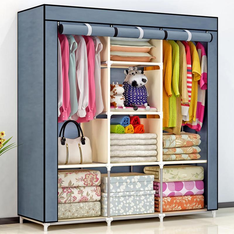 Thickened Fabric Simple Wardrobe with 8-Layer Storage Shelves and Double Rod Clothes Rack