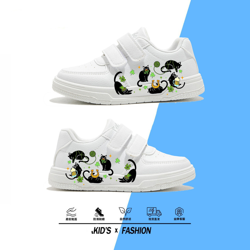 Children's White Sneakers with Lucky Clover and Black Cat Print, Velcro Fastening, Breathable Casual Sneakers for Babies