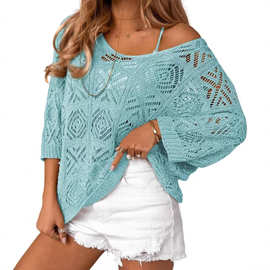 亚马逊跨境欧美外贸镂空针织罩衫女夏季新款宽松蝙蝠袖薄款空调衫