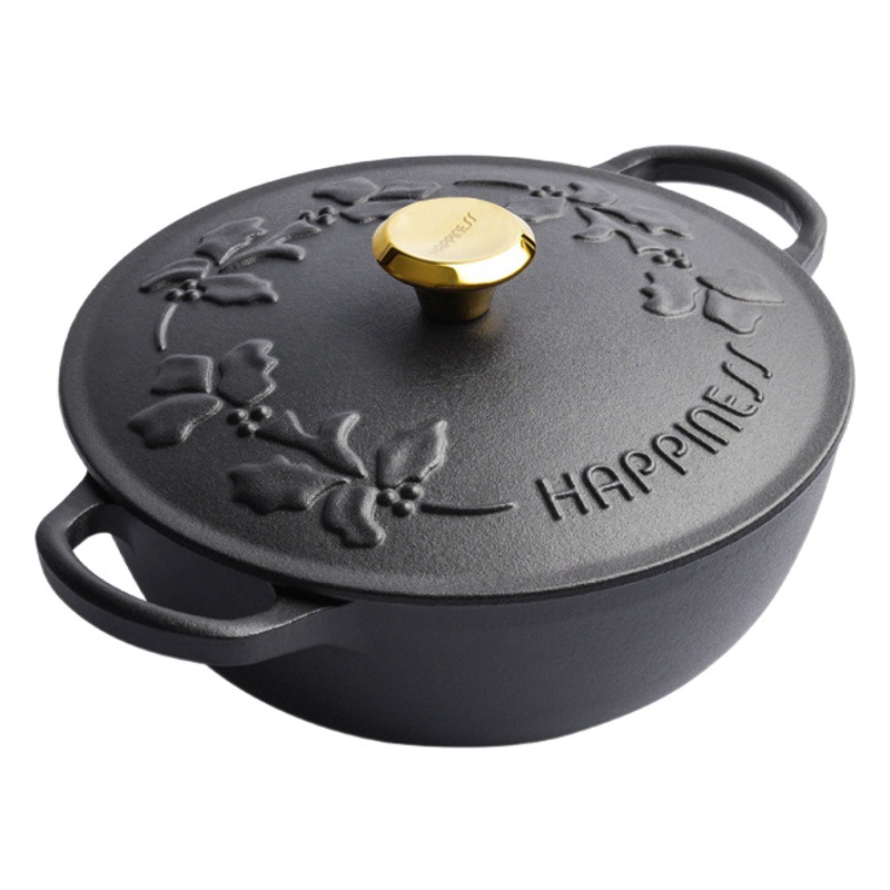 Pequeña felicidad 23cm en relieve de esmalte negro sin recubrimiento sopa olla hogar sartén antiadherente