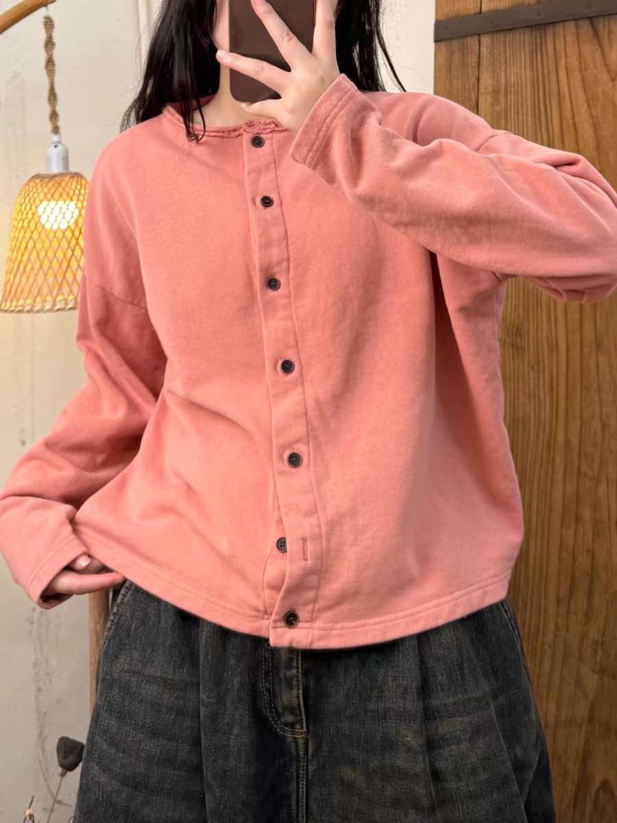 テリーコットン系のカーディガン女性の丸首カーディガン2025春の新型のゆったりしたカジュアルファッションのキャンディー色の上着