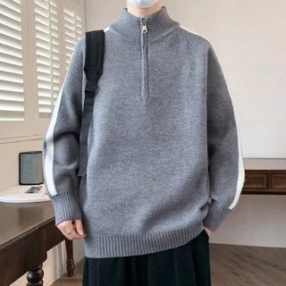 外贸秋季新款立领拼色男士套头休闲毛衫青少年长袖加厚打底针织衫