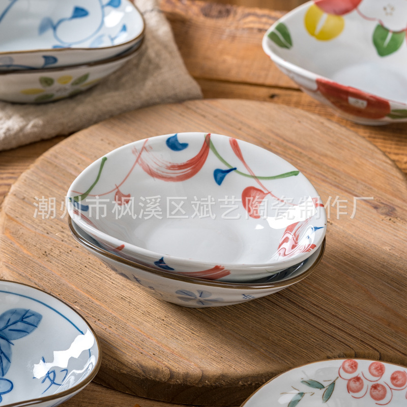 日式釉下彩陶瓷异形碗元宝碗创意陶瓷餐具椭圆零食小菜茶点心碟