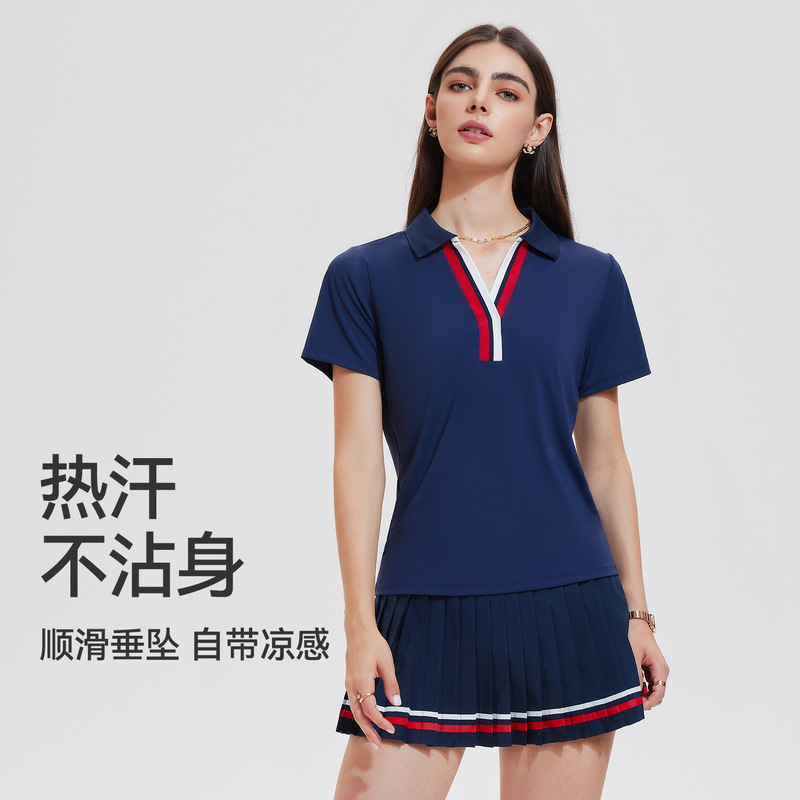 跨境运动套装V翻领短袖假两件百褶短裙夏季跑步网球速干健身服|undefined