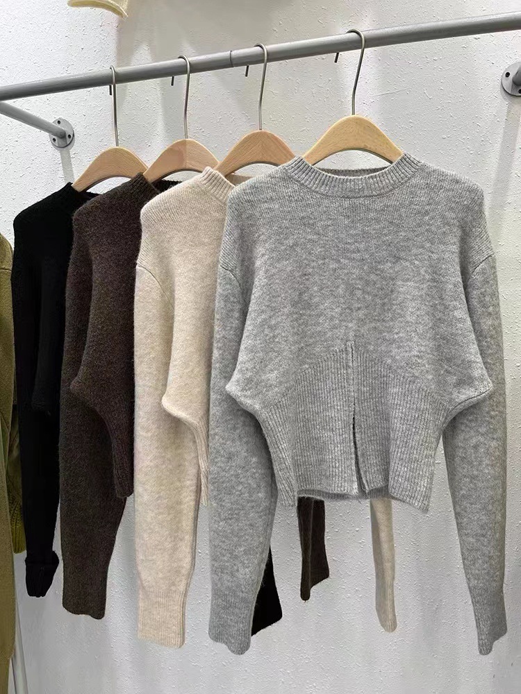 Women's Pullover Round Neck Split Hem French Style Autumn Winter_voghion.com