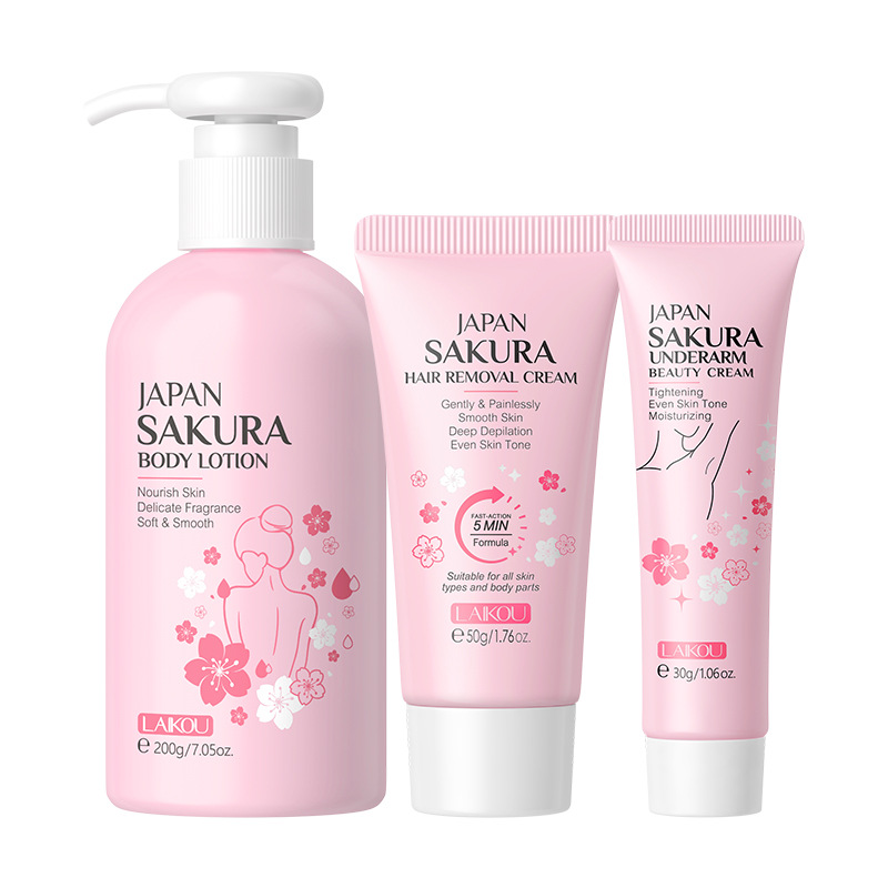 Conjunto combinado de leche de caracol y flor de cerezo LAIKOU transfronterizo, varios conjuntos, kit de productos para el cuidado de la piel de combinación libre.