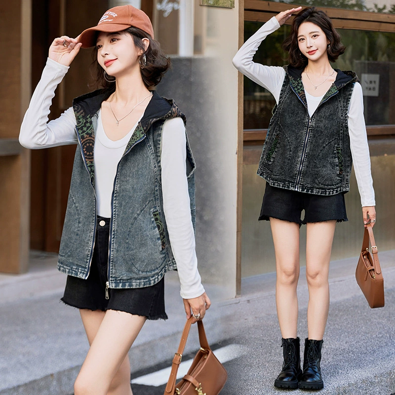 Джинсовая жилетка с капюшоном и вышивкой в ​​этническом стиле для женщин, весенне-осенний тонкий верхний жилет без рукавов, свободный повседневный жилет